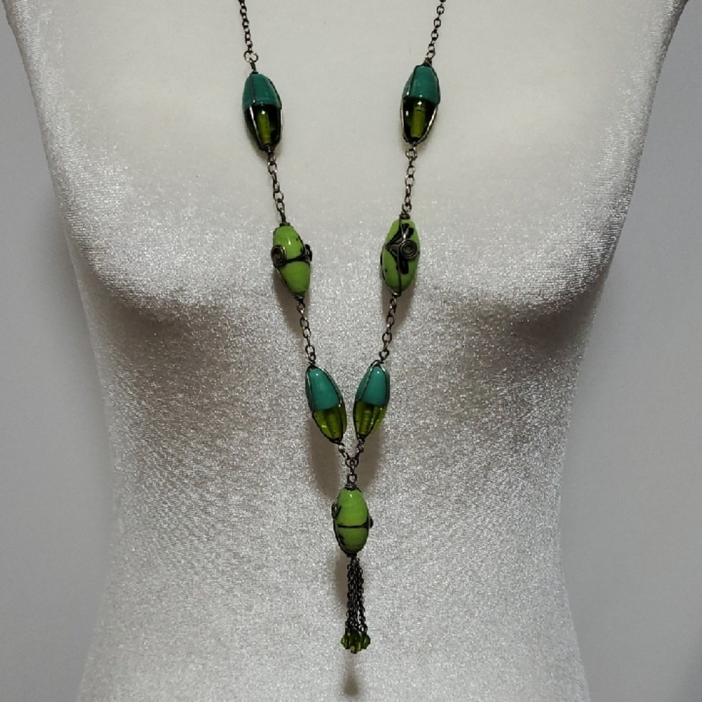 2 Piece Vintage Green & Blue Necklace with Elegant Drop Design Sold As Is No Ret